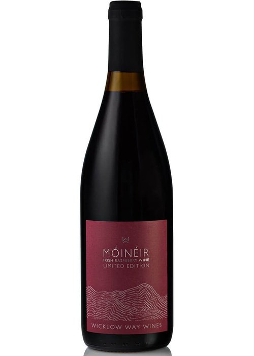 Móineir Irish Raspberry Wine limited edition bottle with maroon label and wavy hills design