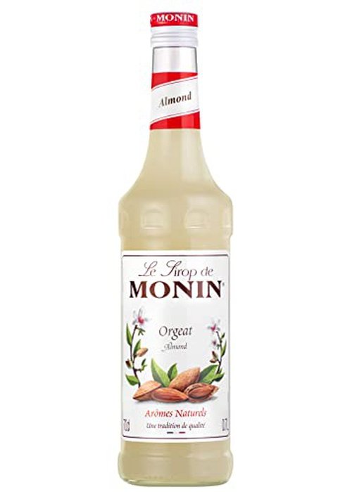 Monin Orgeat Almond Syrup 750ml bottle with almond and flower label design