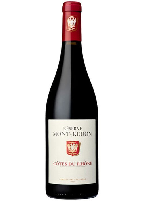Mont-Redon Reserve Cotes Du Rhone red wine bottle with white label and red foil capsule
