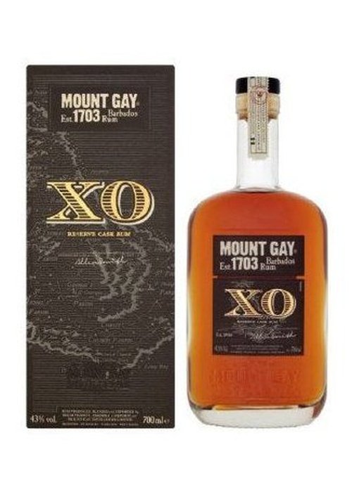 Mount Gay X.O. Rum 700ml bottle and dark brown box with gold lettering