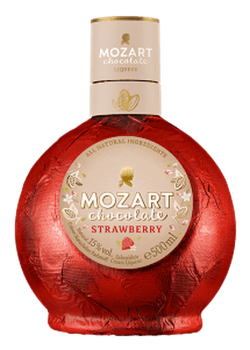Mozart Chocolate Strawberry 500ml cream liqueur bottle with red foil and beige label
