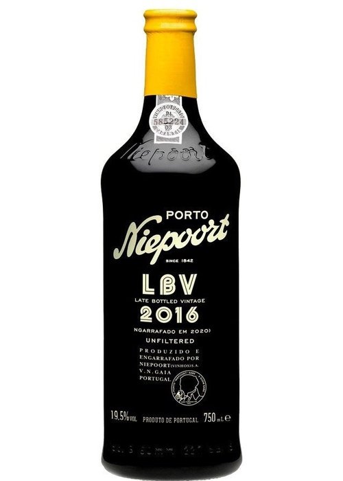 Niepoort LBV 2016 Late Bottled Vintage Port wine bottle with black label and yellow foil cap