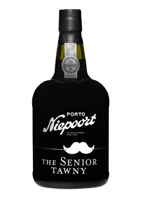 Niepoort Senior Tawny Port bottle with matte black label and silver neck seal