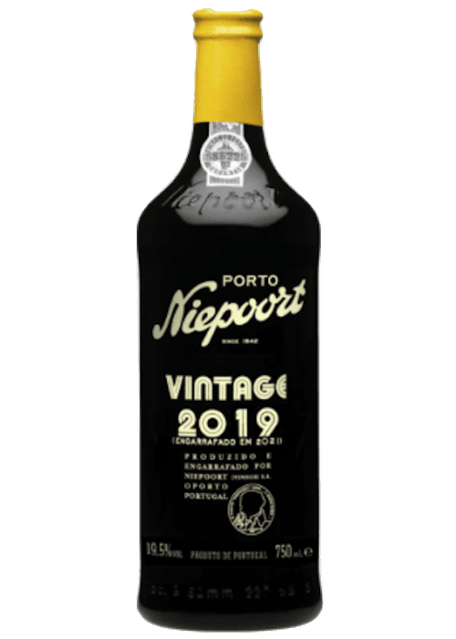 Niepoort Vintage 2019 Port wine bottle with black and gold label