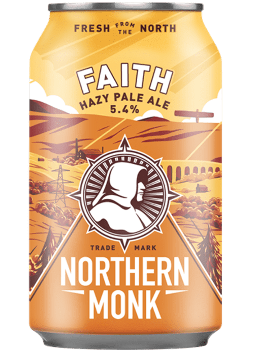 Northern Monk Faith Hazy Pale Ale 330ml can with orange label and hooded figure design