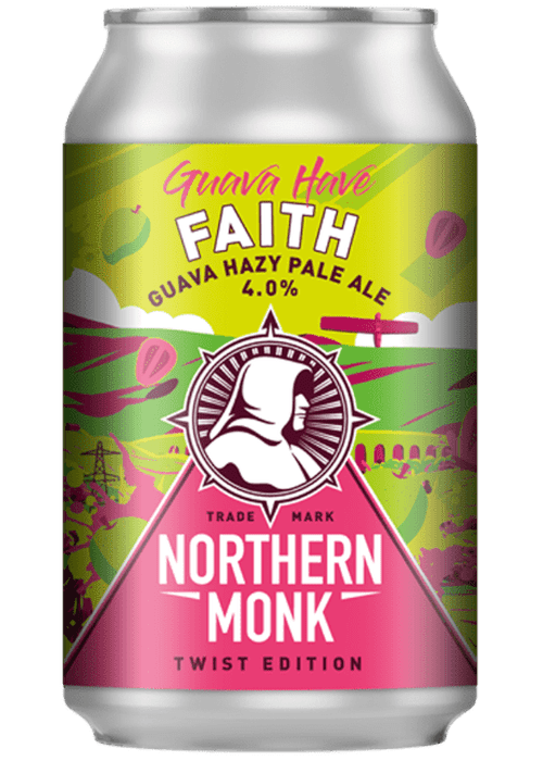 Northern Monk Guava Have Faith 330ml can, tropical hazy pale ale with vibrant green yellow pink label