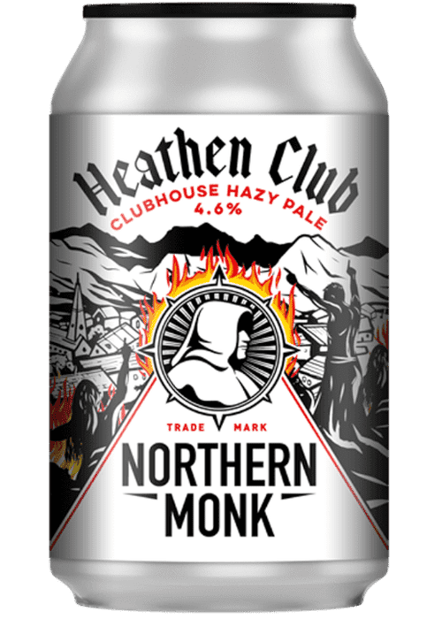 Northern Monk Heathen Club Hazy Pale Ale 330ml can with gothic font and flame design