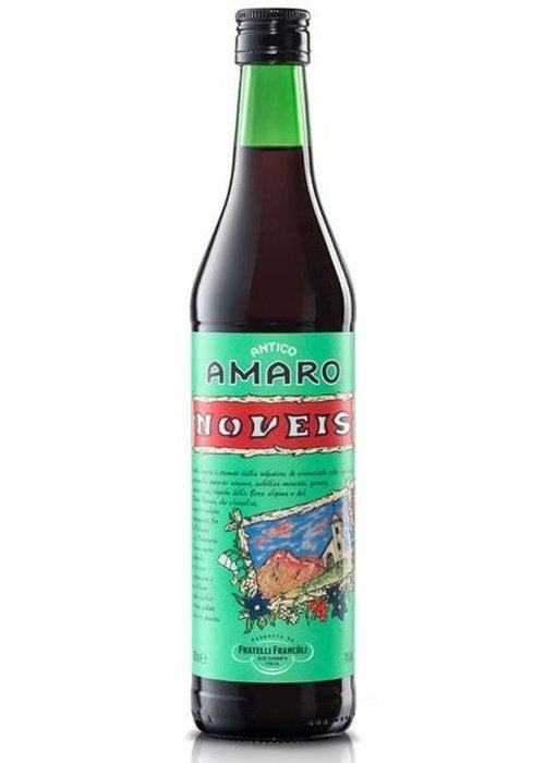 Noveis Antico Amaro 700ml dark glass bottle with green neck and illustrated landscape label