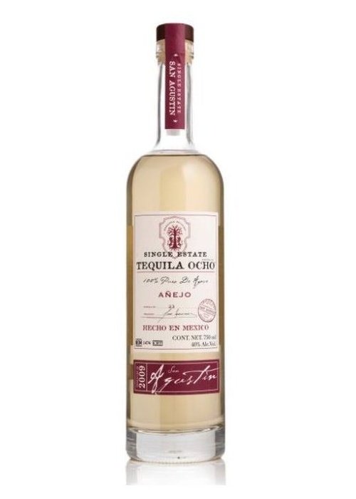 Ocho Tequila Anejo 700ml single estate bottle with golden-amber liquid and maroon label