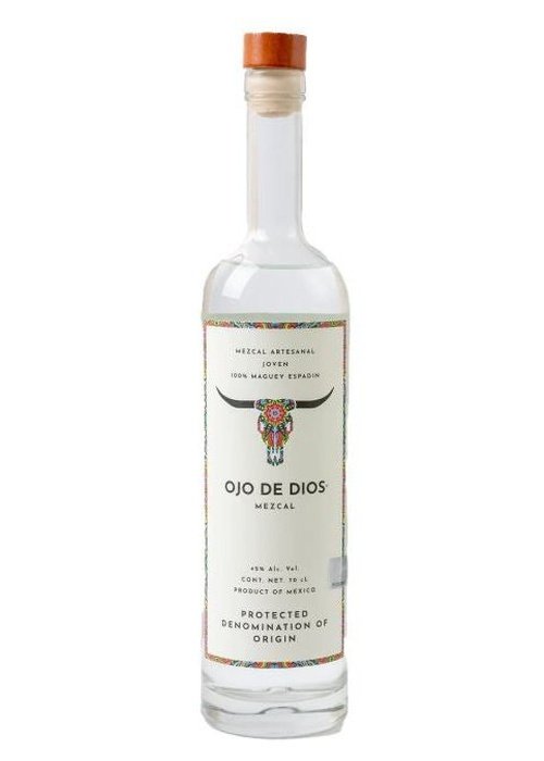 Ojo De Dios Mezcal Espadin 700ml bottle with bull skull label and cork stopper