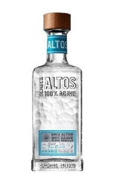 Olmeca Altos Plata Blanco 700ml 100% Blue Agave Tequila bottle with textured glass and cork stopper