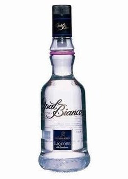 Opal Bianca Sambuca 700ml clear glass bottle with black cap and gold logo