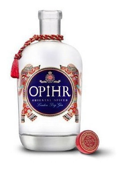 Opihr Oriental Spiced London Dry Gin bottle with ornate red gold label and braided cord
