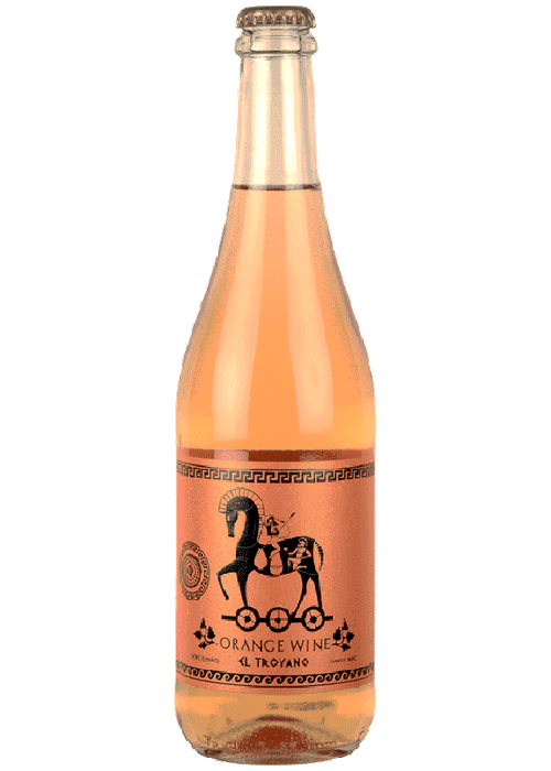 El Troyano Orange Wine bottle with Greek key label and horse silhouette
