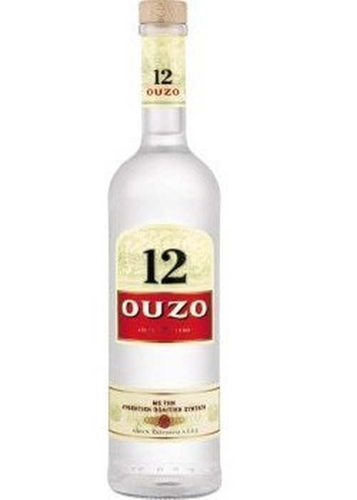 Ouzo 12 700ml Greek aniseed liqueur bottle with beige cork and red banner label