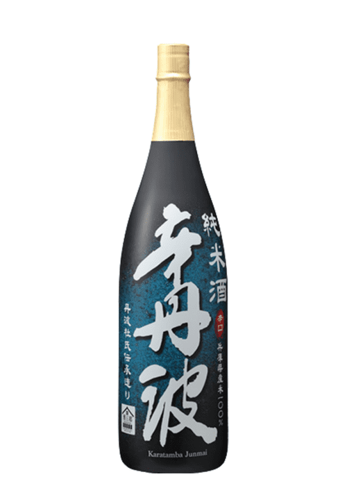 Ozeki Karatamba Junmai sake bottle with gold foil neck and Japanese label