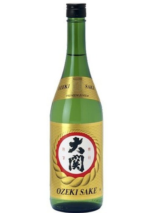 Ozeki Premium Junmai Sake 750ml green glass bottle with gold label and Japanese kanji
