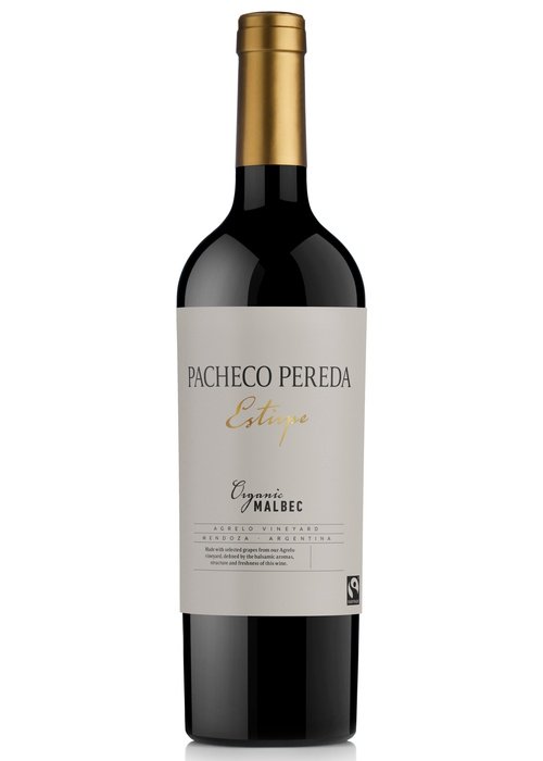 Pacheco Pereda Estirpe Organic Fairtrade Malbec red wine bottle with gold foil and beige label