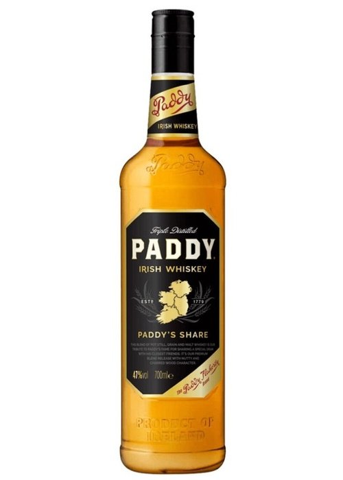 Paddy's Share 700ml Irish Whiskey bottle with black label and gold text