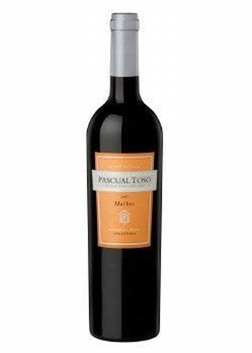 Pascual Toso 2017 Malbec red wine bottle with orange label and silver foil