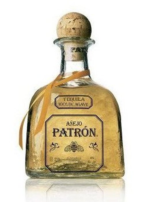 Patron Anejo Tequila 700ml bottle with golden-amber liquid, cork stopper, and gold ribbon