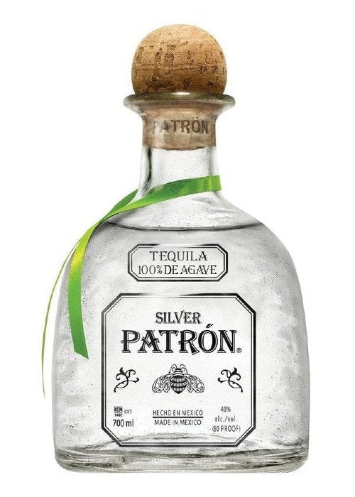 Patron Silver Tequila 700ml bottle with cork stopper and green ribbon