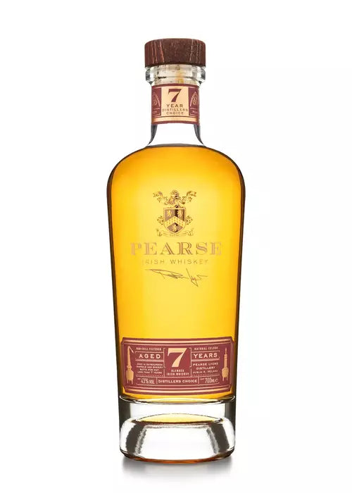 Pearse Distiller's Choice 7 Year Old Irish Whiskey bottle with maroon label and wooden cap