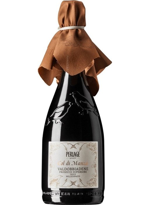 Col di Manza Prosecco Superiore DOCG Extra Dry sparkling wine bottle with ornate label and bird embossing