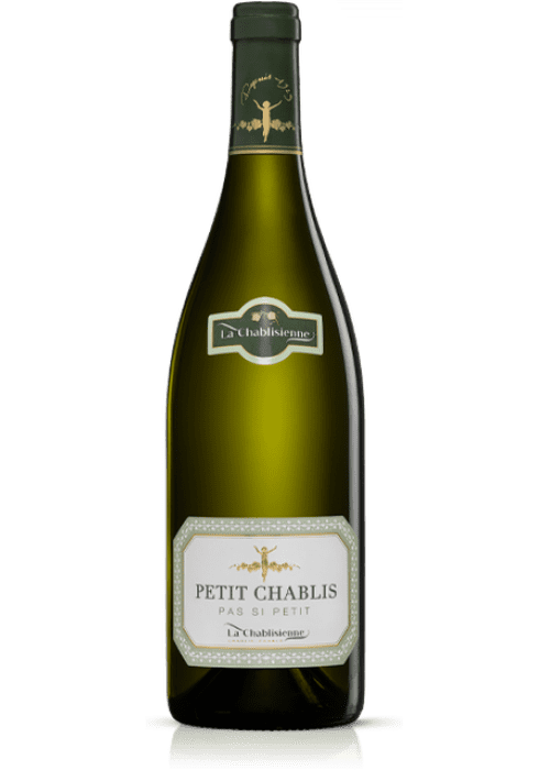 Petit Chablis Pas Si Petit white wine bottle by La Chablisienne with pale gold liquid and green glass