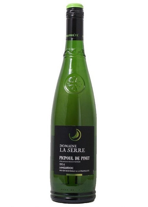 Picpoul de Pinet white wine bottle from Languedoc France with black label and green glass