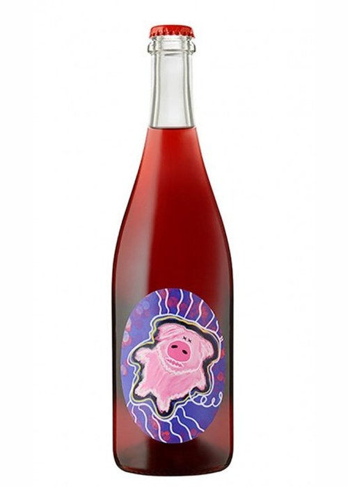 Piggy Pop Pet Nat sparkling wine bottle with cartoon pig label and pink liquid