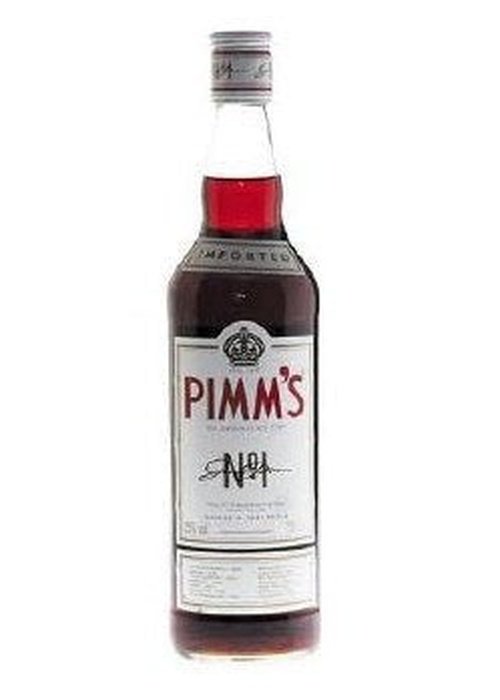 Pimm's No.1 Cup 700ml gin-based fruit liqueur in glass bottle with red liquid and crown logo