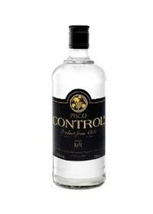 Pisco Control 700ml clear glass bottle with black cap and gold label from Chile