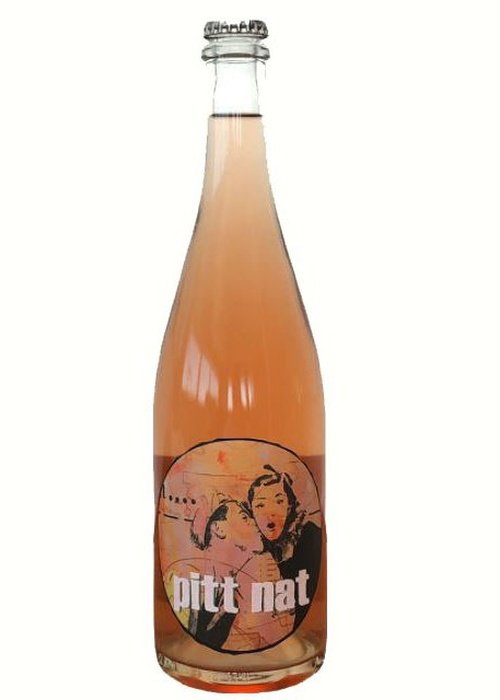 Pitt Nat Rose sparkling wine bottle with retro label and pale salmon-pink liquid
