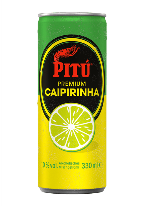 Chilled PITÚ Premium Caipirinha ready-to-drink cocktail can with green and yellow design