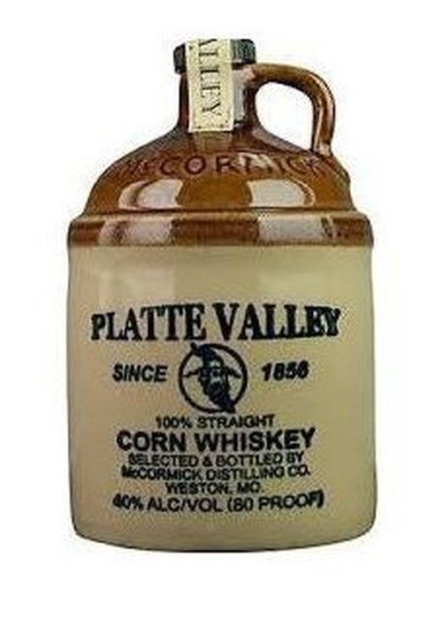 Platte Valley 100% Straight Corn Whiskey in ceramic jug with cork stopper