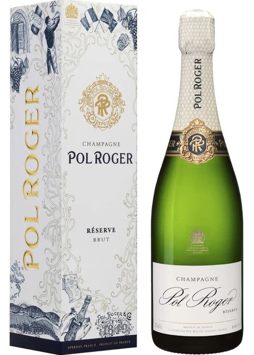 Pol Roger Champagne Reserve Brut bottle with illustrated packaging