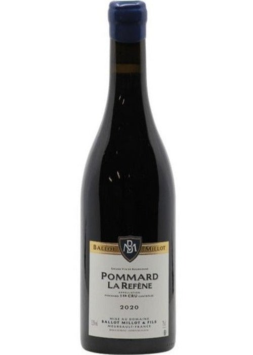 Ballot Millot Pommard 1er Cru La Refene 2020 red wine bottle with white label and blue foil