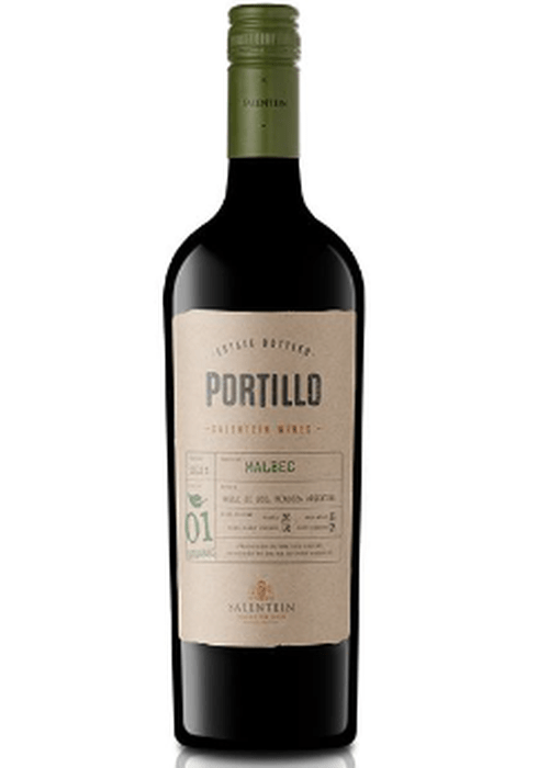 Portillo Organic Malbec red wine bottle front view with beige label and green foil capsule