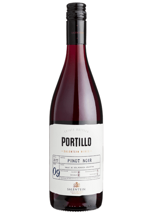 Portillo Pinot Noir red wine bottle from Argentina with black screw cap and Valle de Uco label