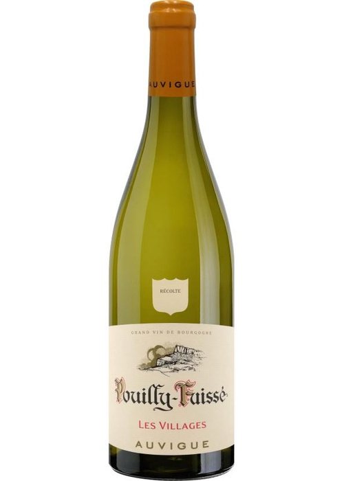 Auvigue Pouilly-Fuissé Les Villages white wine bottle with cream label and green glass