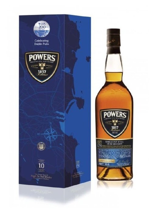 Powers 1817 Release single pot still Irish whiskey bottle and blue packaging box