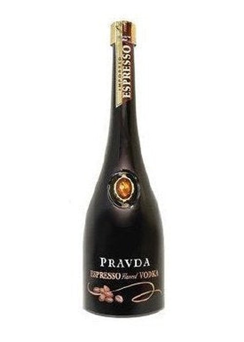 Pravda Espresso Vodka 700ml dark glass bottle with gold foil cap and coffee bean label