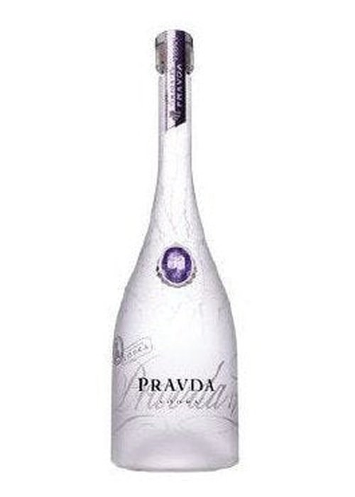 Pravda Vodka 700ML Polish rye vodka bottle with purple foil cap and frosted glass
