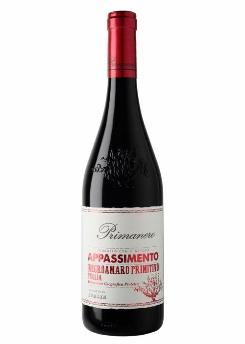 Primanero Appassimento red wine bottle, Negraro Primitivo from Puglia Italy