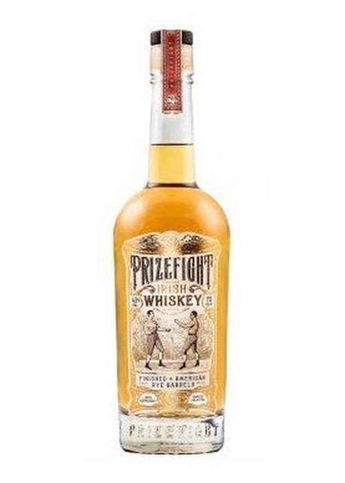 Prize Fight Irish Whiskey 700ml bottle with amber liquid, rye barrel finish, and vintage boxer label