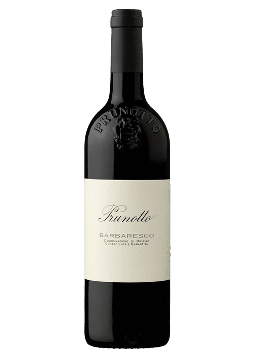 Prunotto Barbaresco red wine bottle with cream label and crest
