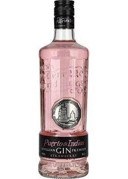 Puerto De Indias Strawberry Gin 700ML pink Sevillian gin bottle with ribbed glass and lighthouse seal