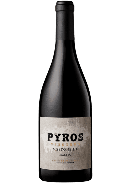 Pyros Limestone Hill Malbec red wine bottle from San Juan Argentina