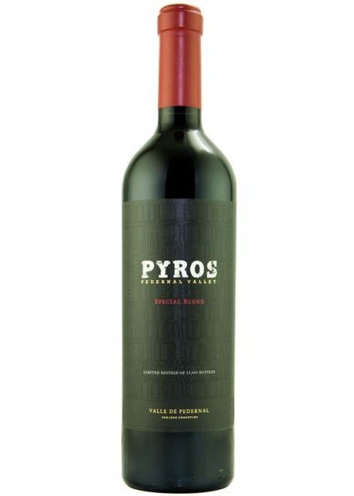 Pyros Malbec Special Blend red wine bottle with dark gray label and red foil capsule